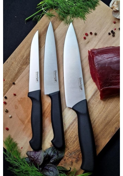 Stevig Cut 4 Chef's Kitchen Şef Ve Sebze Bıçak Seti 17,5 Cm 15 Cm Ve 12,5 Cm St-400.001 - St-400.002 - St-400.003 Siyah