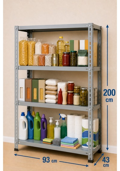 4 Katlı Çelik Raf Sistemi, Depo, Arşiv, Kiler, Dosya, Market, Çiçek, Ayakkabı Rafı 43x93x200 Cm Kalınlık 0,70 Mm Gri