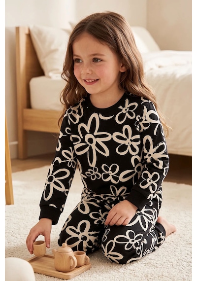 Zuzunga Kız Çocuk Siyah Beyaz Büyük Papatya Desenli Uzun Kollu Pijama Takımı