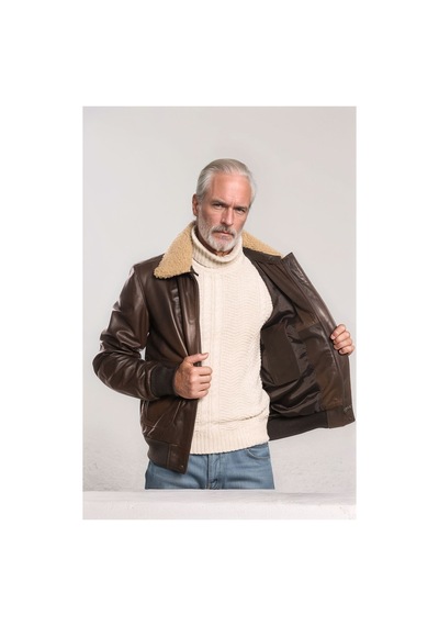 M M Marki Marki Erkek Hakiki Deri Ceket, Kahverengi, Çıkarılabilir Kürk Yakalı, Çok Cepli, Vintage Tasarım - 502722