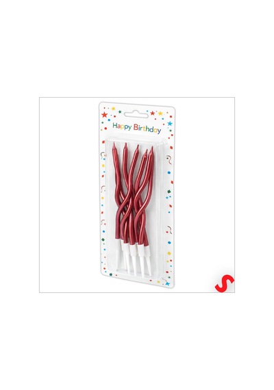 Kırmızı Metalik Krom Renkli Spiral Pasta Mumu 14 Cm - 6 Adet
