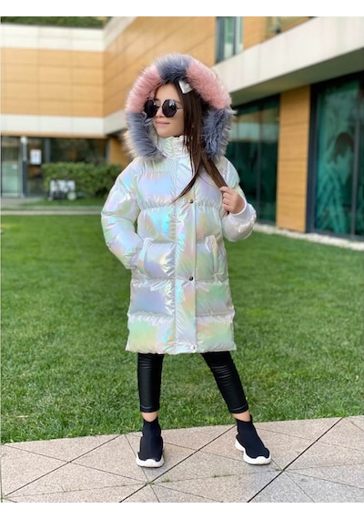 Quzucuk Kids 3 Çınar Kız Çocuk Petrol Beyaz Uzun Şişme Mont Bej