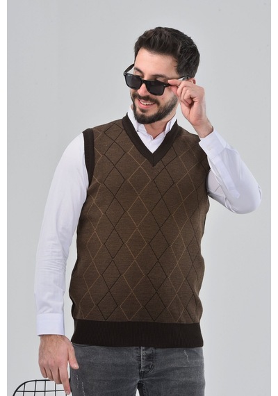 Kzc Tekstil Erkek Baba Ve Orta Yaş Baklava Çizgi Desenli Akrilik Kalın Dokulu V Yaka Triko Süveter Kahverengi