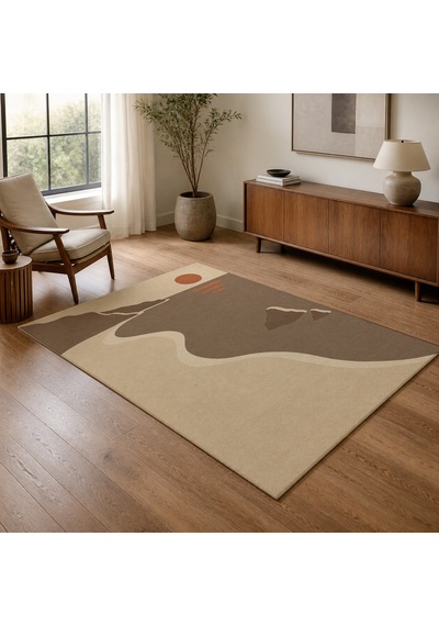 Kartela Halı Kıyı Deniz Manzaralı Modern Halı Bej Kaymaz Taban Makinede Yıkanabilir 80x120 Cm
