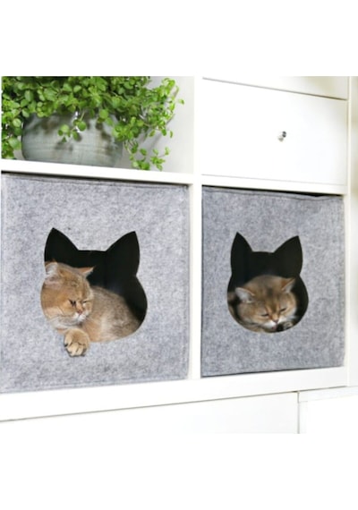 Kedi Evi Yuvası Keçe Açık Gri 3mm Kaliteli Keçe 32x32x32 Cm 1 Adet Mindersiz A2