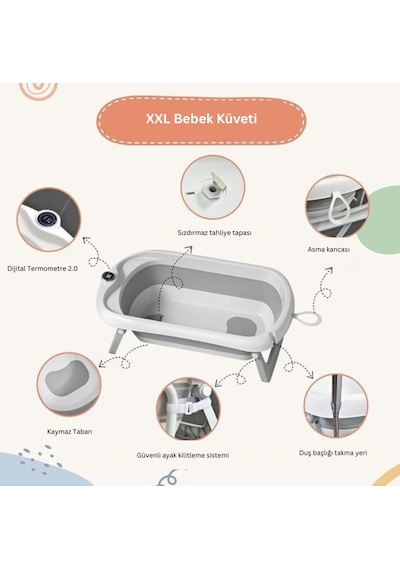 Thermae Ayaklı Katlanabilir Bebek Küveti Seti - Termometreli Xxl Banyo Seti Drenaj Kitli