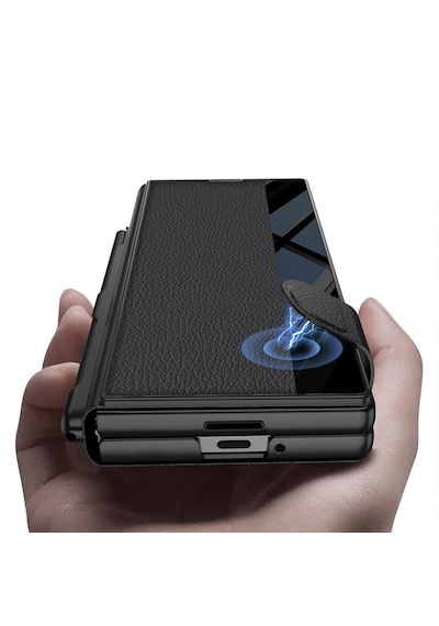 Samsung Uyumlu Galaxy Z Fold 7 Kılıf Aynalı Akıllı Şık Tasarımlı Suni Deri Mıknatıslı Katlanabilir Kapak Siyah