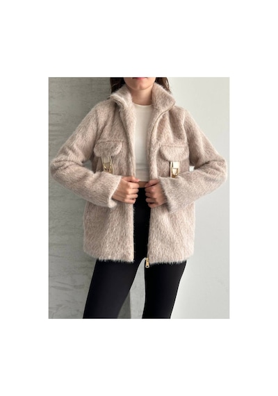 Asur Boutique Asur Butik Kadın Keçeli Kumaş Tokalı Fermuarlı Ceket Bej