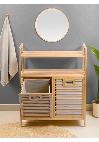 Bambu 2 Bölmeli Kirli Çamaşır Sepeti 2 Raflı Banyo Düzenleyici Dolap Banyo Dolabı Bambu
