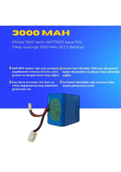 Philips 7000 Serisi Xw7110/01 Aqua Trio Dikey Süpürge 3000 Mah 25.2 V Batarya  Uyumlu Uzun Ömürlü, Maksimum Performans Pil