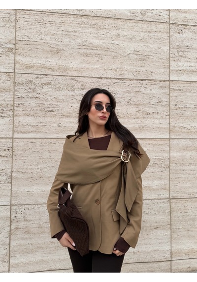 Laluvia Karamel Broşlu Şallı Poliviskon Ceket - 9707 Karamel