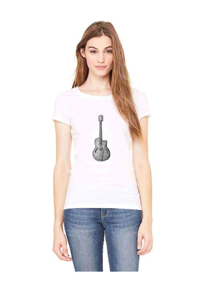 Drawing Classic Guitar Baskılı Beyaz Kadın Tshirt