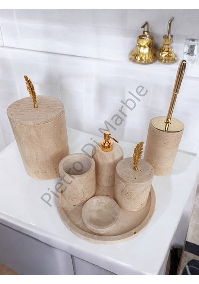 Sarı Traverten Klasik Model 7 Parça Gold Renk Kuş Tüyü Aksesuarlı Banyo Seti Sarı Traverten
