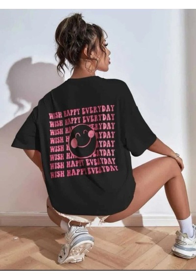 Flood Of Style Kadın Siyah Wish Happy Everyday Baskılı Oversize T-shirt