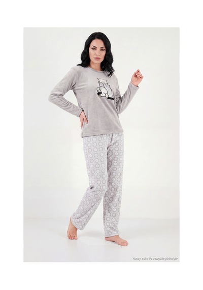 Lela Desenli Yumuşak Dokulu Uzun Kollu Pijama Takımı Kadın Pijama Takımı 6575016 Gri