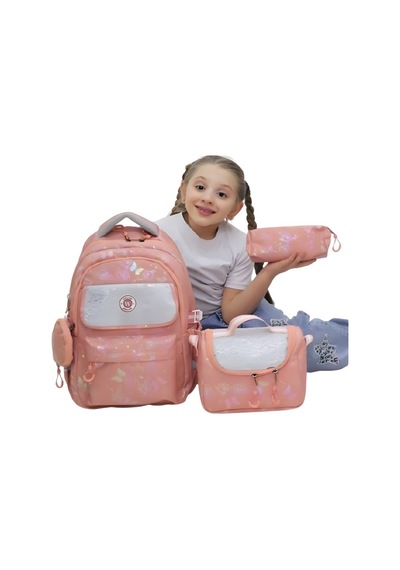 3 Lü Kız Çocuk Okul Çantası Sırt Çantası, Beslenme Çantası, Kalemlik Pembe