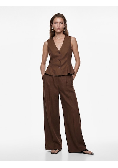 Koton V Yaka Düğmeli Peplum Keten Yelek Kahverengi 6sak20102pw Kahve