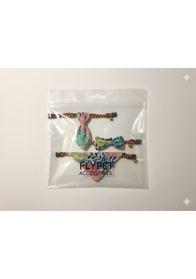 Flypet Renkli Çiçek Desen 3lü Set Papyon + Fular+ Kravat Kedi Tasma & Yavru Köpek Tasma 13cm-24cm