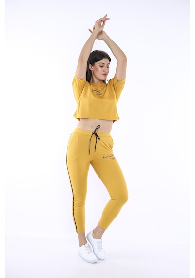 Kadın-Alt-Üst T-Shirt Takım, Rahat Kesim-3828 Hardal