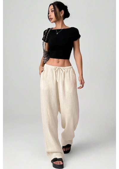 Tarz Cool Bol Paça Müslin Kadın Pantolon Kmslpnt0125 Bej