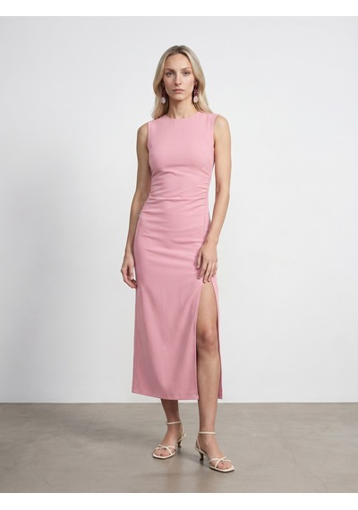 DİLVİN 91704 Yırtmaç Detaylı Midi Elbise-toz Pembe