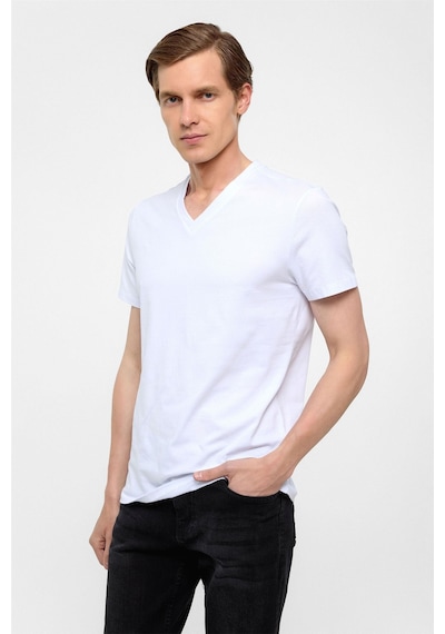 Süvari Beyaz Slim Fit Düz V Yaka Tişört