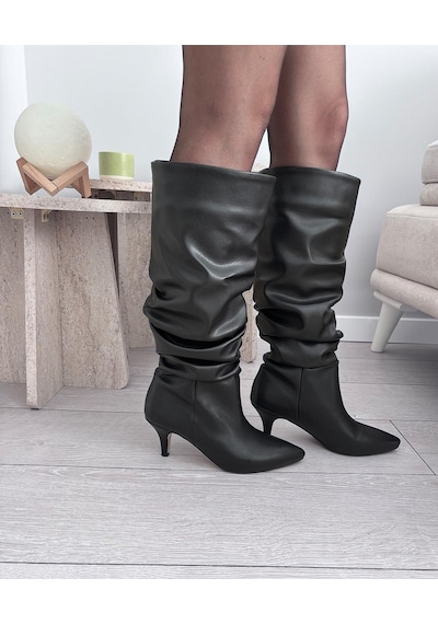 Asmi Shoes Kadın Oslo Topuklu Körüklü Şık Tarz Günlük Rahat Çizme Siyah Siyah