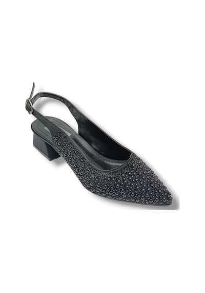 C-shoes 2605-26 Saten İncili Taşlı Kare Topuk Arkası Açık Kadın Ayakkabı Siyah