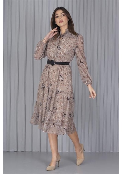 Dip Moda Kadın Kemerli Leopar Desenli Şifon Elbise Dpapcx04 BEJ