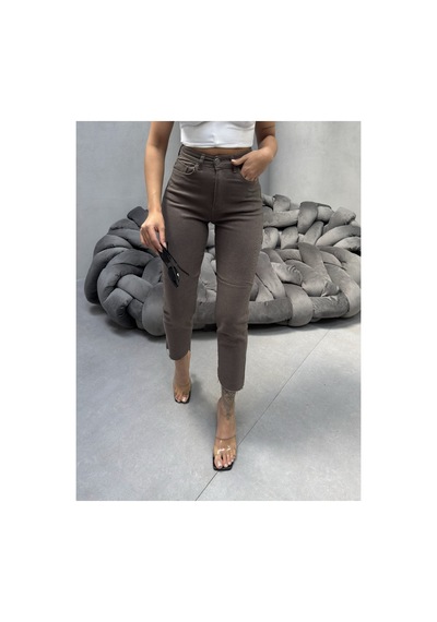 Kene Jeans Kadın Yüksek Bel Vizon Keten Paça Kesik Dar Paça Pantolon Gri