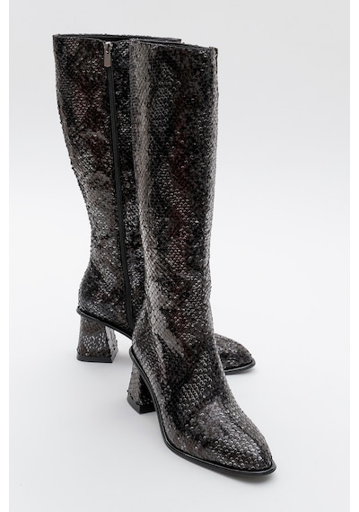 Luvishoes Luvi Shoes Elly Siyah Desenli Kadın Kalın Topuklu Çizme Siyah