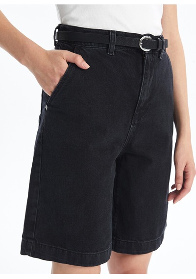 Lcw Jeans Siyah Beli Kemerli Bermuda Fit Kadın Jean Şort