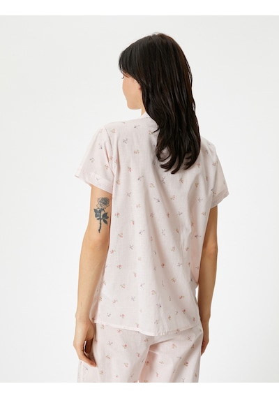 Koton Düğmeli Pijama Üstü Çiçekli Kısa Kollu Cepli Pembe Desenli 4slk50032mw Pembe Desenli Pembe