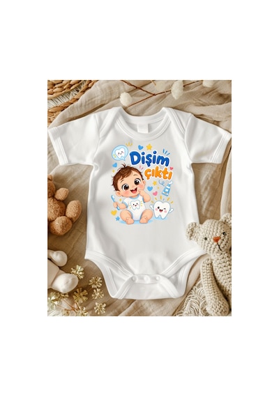 Lupi Dişim Çıktı Yazılı Erkek Bebek Zıbın ekru