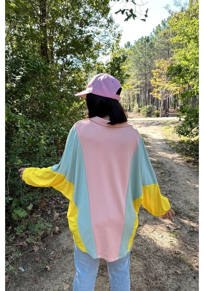Kadın Pembe Polo Yaka, Yarasa Kol, Lastikli Manşet, Asimetrik Color Block, Salaş Sweatshirt Bluz Pembe