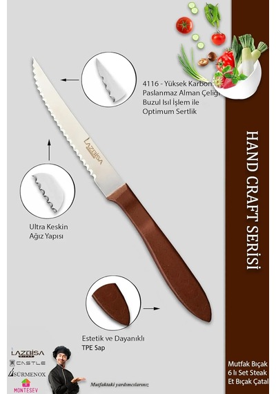 Hand Caft Serisi Steak Mutfak Bıçak Seti 6'li Steak Et Yemek Bıçağı Mft-2344 Çok Renkli