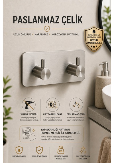 Dikdörtgen İkili Modern Banyo Askılık 96 Mm Paslanmaz Çelik Delmeden Yapışkan Montaj Inox