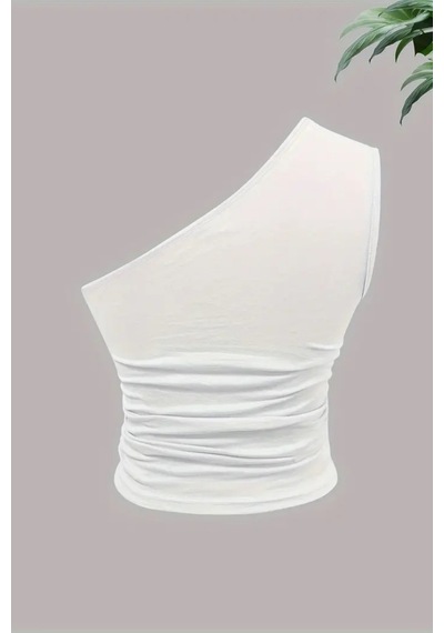 Kadın Beyaz Tek Omuzlu Basic Dar Kesim Slim Fit Bluz Beyaz
