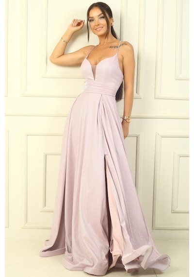 By Saygı İp Askılı Astarlı Simli Uzun Abiye Elbise-38452 Pudra