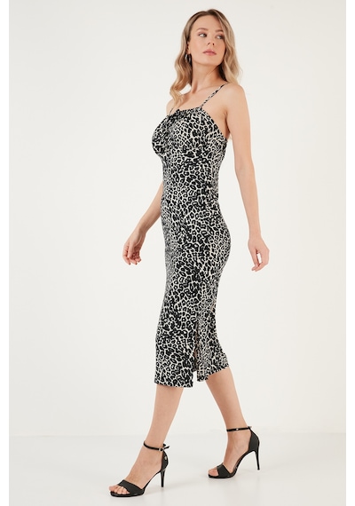 Lela Önü Büzgülü Ip Askılı Yırtmaçlı Fitted Midi Bayan Elbise 5865362 Leopar