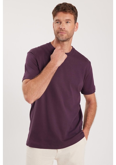 Tudors Unisex Relax Fit Rahat Kesim %100 Pamuk Yumuşak Dokulu Hafif Kalın Eflatun Bisiklet Yaka Tişört-36913 Eflatun