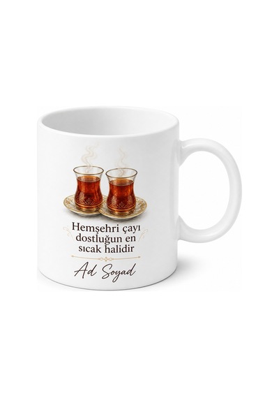 Hemşehri Çayı Temalı Kişiye Özel Kupa Bardak Hediye İsimli Baskılı Beyaz / Çok Renkli