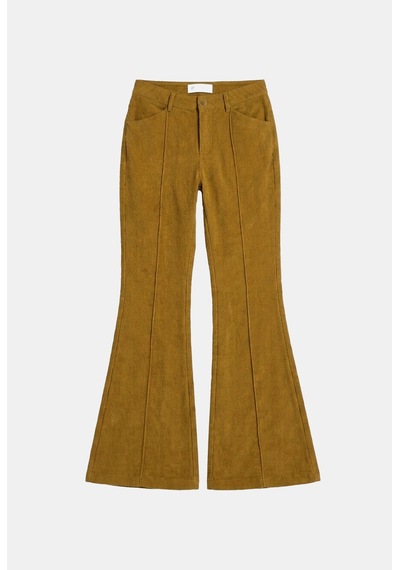 Kadın Yağ Yeşili Flare Fit Pürüzsüz Dokulu Esnek Velvet Kadife Kumaş Pantolon Haki