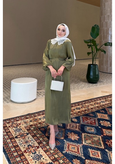 Riella Butik Dantel Yakalı Zarif Tesettür Elbise Haki