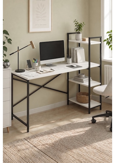 120x55 Cm Raflı Çalışma Masası Bilgisayar Masası Ofis Masası Ders Masası Cervantes Beyaz