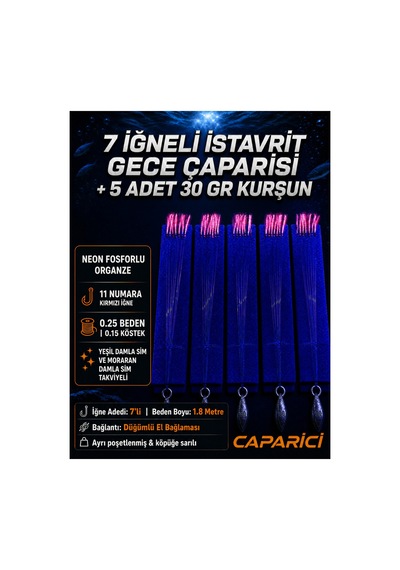 7 İğneli İstavrit Gece Çaparisi 5 Adet +5 Adet 30 Gr Kurşun 11 Numara Kırmızı İğne 0.25 Beden 0.15 Köstek