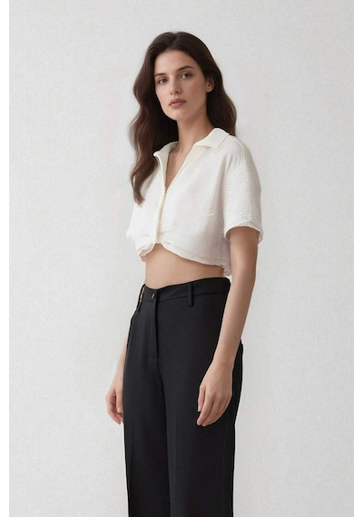 Defacto Cropped Fit Gömlek Yaka Keten Görünümlü Kısa Kollu Bluz C7799ax25spwt32 Beyaz