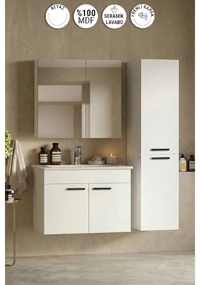 Petunya 80+35 Cm Beyaz Mdf Seramik Lavabolu Asma Banyo Dolabı Takımı