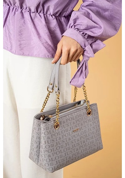 Just Polo Kadın Baskılı Uzun Ayarlanabilir Askılı Şık El Ve Omuz Çantası Shoulder Bag Gri