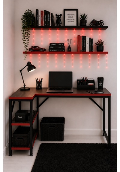 Siyah/kırmızı L Masa, Kitaplıklı, Raflı, 120 Cm Çalışma Masası, Bilgisayar, Pc, Oyuncu, Gaming Masası Metal Ayaklı
